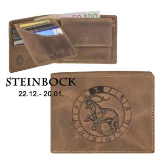 Geldbörse Leder Steinbock-Prägung antikbraun | Greenburry Vintage Portemonnaie mit Sternzeichen. Strukturierter Organizer mit 7 Kartenfächern.