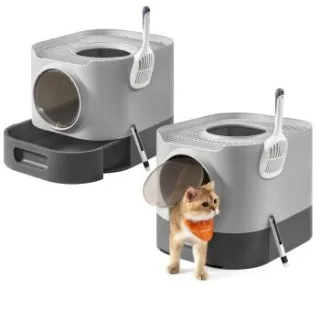 FEANDREA 2er Katzentoilette mit Deckel ausziehbares Tablett grau