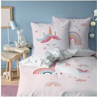MTOnlinehandel Bettwäsche Einhorn 135x200 + 80x80 cm (Unicorn), 100% Baumwolle, 2 teilig, Mädchen-Bettwäsche Magic Tale, Regenbogen, Sterne und Wolken