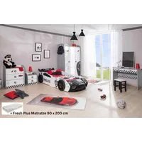 Aileenstore Jugendzimmer-Set Police, (5-tlg., Set 5 teilig mit Matratze + Autobett, Lattenrost, Heckspoiler, LED)