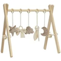 LuMali Baby Gym Holz Spielbogen klappbar 5 Spielzeuge 41x58x49cm Naturholz Kiefer, Spieltrapez Neugeborene sensorisch handgemacht faltbar leicht Geschenk