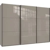 luma-home Schwebetürenschrank 22037 (3-türiger Kleiderschrank B300/H216/T65 cm mit Vollausstattung als optimale Stauraumlösung) Sandgrau Glasfront und schwarzen Griffleisten