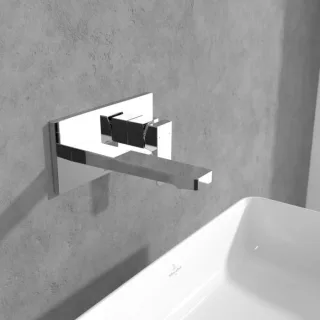 Villeroy und Boch Architectura Square Wand-Waschtischarmatur TVW12500300061 mit Push-Open-Ablaufgarnitur, chrom