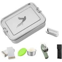 Little Lorien Lunchbox Brotdose Edelstahl 1200ml, 2 Fächer, Besteck, Trennwand & Servietten, Edelstahl, (5-tlg., 1 Brotdose, 1 Trenner, 1 Campingbesteck, 10 Papierservietten, 1 Sauce-Dose), Wiederverwendbar,auslaufsicher,Campingbesteck,Edelstahl,leic