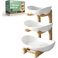 LIBWYS Obstschale Obst Etagere 3 Etagen Keramik Obstschale mit Bambusständer weiß, (Obst Etagere 3 Etagen Keramikschalen mit Bambusständer weiß Küche), Vertikales Design, stabile L-Form, platzsparend, vielseitig nutzbar