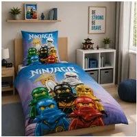 Familando Kinderbettwäsche Lego Ninjago Blau mit Lloyd Jay Kai uvm. aus 100% Baumwolle, Renforcé, 2 teilig, 135x200 80x80cm mit Reißverschluss, Wendebettwäsche