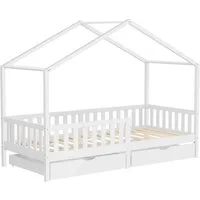ML-DESIGN Spielbett Hausbett Kinderbett inkl. 2 Schubladen, Lattenrost und Rausfallschutz, Abenteuerbett 90x200cm Haus Bett Himmelbett Kiefer Jugendbett Weiß