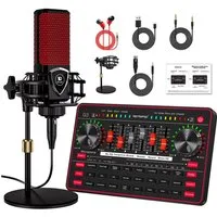 Tenlamp Podcast-Mikrofon-Set mit Soundkarte, Audio-Mixer für PC/Telefon Soundkarte 5.1 Kanäle, Set mit 2 Kondensatormikrofonen, Sprachwechsler, Rauschunterdrückung