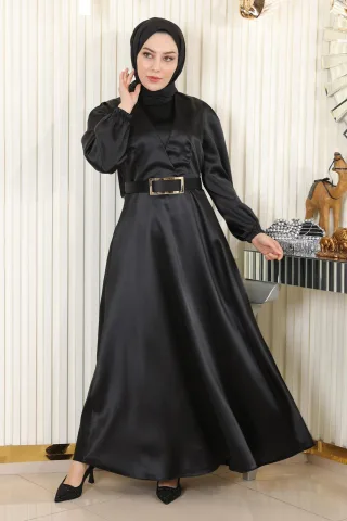 Mit Gürtel Satin Abendkleid Schwarz