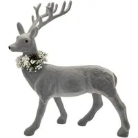 Macosa Home Dekofigur Deko Hirsch stehend Grau 49 cm Weihnachtsdeko (Winterdekoration groß, Hirschdekoration Weihnachten), Kunststoff beflockt Dekohirsch