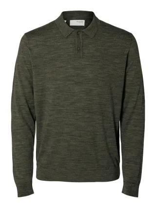 selected men - SLMTRAY LS KNIT MERINO POLO NOOS Forest Night - Gr. - XXL