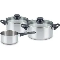 KHG Topf-Set mit Glasdeckeln, für alle Herdarten inklusive Induktion, Edelstahl (5-tlg), Unbeschichtet, Dampfloch im Deckel, Innenskala, spülmaschinenfest