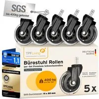 TPFLiving Stuhlrolle TPFLiving Bürostuhlrollen - Stuhlrollen Premium - 10 Jahre Garantie, (5-St., 5er Set Rollen für Bürostuhl 11x22mm - Invictus ProGlide transparent), Von uns entwickelt für höchste dynamische Belastungen bis 400 kg