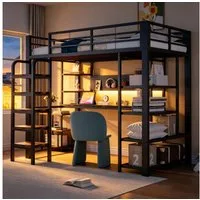 OKWISH Hochbett Metallbett Jugendbett (mit vertikaler Leiter, integrierter Steckdose am Schreibtisch, LED-Beleuchtung & mehrstöckigen Ablagefächern, Metallbett 90x200 cm) ohne Matratze