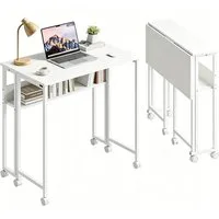 AFKSMILE Schreibtisch Schreibtisch Klappbar, Computertisch mit Rollen Regal, Beistelltisch, Platzsparender Klappschreibtisch für Homeoffice Arbeitszimmer, Weiß