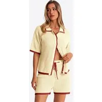 Imily Bela Hausanzug Damen Häkel 2-teiliger Set (Set, 2 tlg., Strickjacke + Shorts) Kontrastfarbige Details