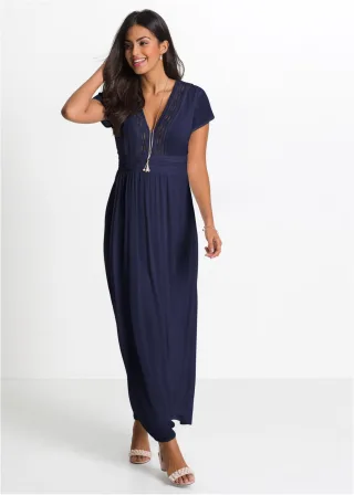 bonprix Maxikleid aus fließender Viskose, blau, Gr.54, Traumhaftes Sommerkleid mit gehäkelter Spitze, aus Viskose