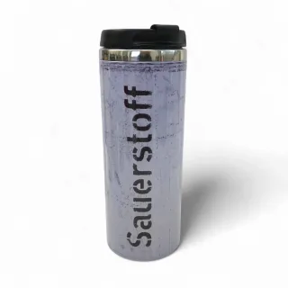Thermobecher "Sauerstoff" | 350 ml Füllvolumen | für heiße und kalte Getränke | verschließbare Trinköffnung | auslaufsicher | Sauerstoffflasche