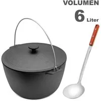 BIG-PAN Wok 6L Kazan Gusseisen Bügel Deckel Schöpflöffel
