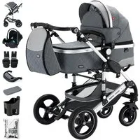 Daliya® Kombi-Kinderwagen BAMBIMO 3in1 Kinderwagen & Buggy mit Auto-Babyschale und Adapter, (XXL-Set inkl. Wickeltasche und Spieltisch, 15-tlg), Babyschale, Airless-Räder, Federung, weiche Matratze, Belüftungssystem