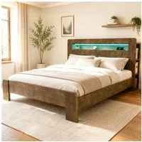 Flieks Massivholzbett, Doppelbett 180x200cm mit Stauraum im Kopfteil, LED-Leiste & Aufladen