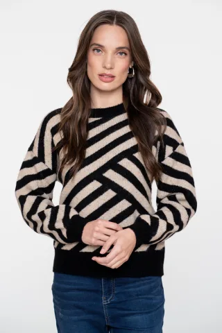 Geisha Fashion Women - Pullover stripes sand/black - Gr. - XL