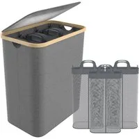 FIVMEN Wäschekorb 140L mit Deckel zur einfachen Trennung, Faltbar Wäschesammler 3 Fächer (Set, Wäschesortierer Wäschesack Wäscheboxen)