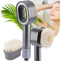 shop'n smile ideoon Handbrause 3-in-1 Duschkopf mit Bürste, Schwamm und Wasserspar Funktion, 2 x Premium-Wasserfilter