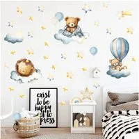 Montegoni Wandtattoo Kinder Wandsticker (Wandsticker mit Luftballon Löwe Bär Wolke Sterne Wandsticker, Kinderdeko, Kindergarten), Wandtattoo mit wildtieren für kinderzimmer, Babyzimmer
