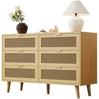 Merax Kommode mit 6 Schubladen, Schubkastenkommode,Sideboard Rattan geflecht,Massivholzbeine,B:120cm