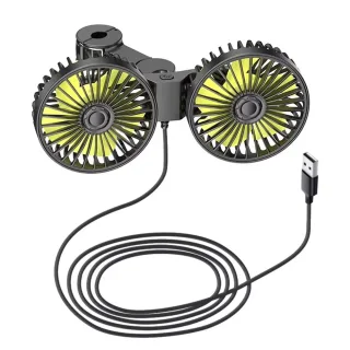 Dual-Head Rear-Seat Car Fan 360° Rotatable USB Rechargeable 3 Speed Adjustment 5 Blades Universal Vehicle Cooling Fan