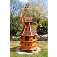 Holzdekoladen Deko-Windrad XXL Gartenwindmühle Holz 150 cm – 3-stöckig mit Gauben & Solarlicht