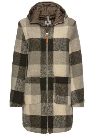 camel active - Wollmantel mit Kapuze khaki check - Gr. - 38