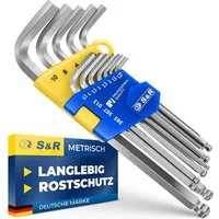 S&R Innensechskantschlüssel Satz HX, mit Kugelkopf, Innensechskant LANG, Cr-V-Stahl gehärtet (Set, 13-tlg 1,27 bis 10 mm), Winkelschlüssel rostfrei, in stabilem Klapp-Halter