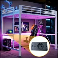 Merax Hochbett mit LED-Beleuchtung & USB-Ladestation (Jugendbett Einzelbett Mehrzweckbett, 1-St) Metallbett Kinderbett 140x200cm mit Schreibtisch Leiter & Schutzgitter