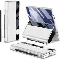 Wigento Handyhülle Für Samsung Galaxy Z Fold7 Integrierte Flip Hülle Stifthalter Silber, Flip Hülle mit Stifthalter und Standfunktion