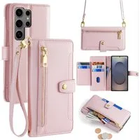 betterfon Handykette für Samsung Galaxy S25 Ultra mit Band Kartenfächer PU Leder Rosa, Hände frei – mit Silikonhülle & Schnur für flexiblen Alltag