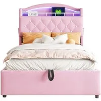 OKWISH Kinderbett Polsterbett mit Stauraum & LED, USB-Ladeanschlüssen (Einzelbett Jugendbett Stauraumbett Luftdruckmechanismus und Metallrahmen, Multifunktionales Einzelbett für Kinderzimmer mit Kopfteil und Rautenknopfdesign, 90x200cm), Ohne Matratz