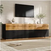 HAUSS SPOLE TV-Schrank mit drei Schubladen,Fernsehtisch TV-Regal für Fernseher bis zu 65 Zoll (Fernsehschrank TV-Ständer mit Wellenmuster für Wohnzimmer oder Schlafzimmer) Medienschrank mit drei Schubladen in Holzoptik und Dämpfungsstruktur