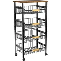 POPOLIC Küchenwagen Fünfstöckiges Metall-Küchenregal mit ausziehbaren Schüben, 86×43×30 cm, 4 ausziehbare Schubladen + oberste Ablage aus Holz