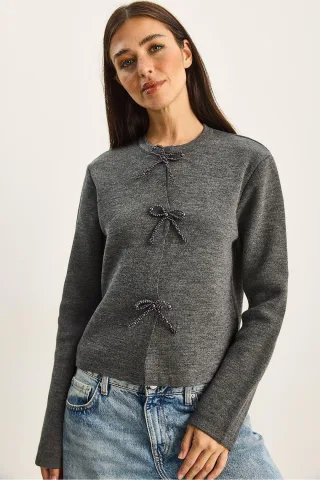 Pullover Cardigan mit Rundhalsausschnitt und Schleifendetail
