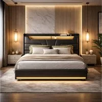 Simurq Stauraumbett Polsterbett 140x200 mit Bettkasten,Lattenrost,LED Staufach-Kopfteil (Jugendbett Bettgestell aus holz,PU-Leder, Ohne Matratze), hydraulisches Doppelbett mit LED Kopfteil und USB-Anschluss,PU-Leder
