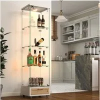 HAUSS SPOLE Vitrine mit LED&Schubladen,Highboard Bücherregal mit vier Einlegeböden,weiß (Glasvitrine aus gehärtetem Glas und MDF, Eintüriger Schrank mit vier Einlegeböden) für Küche, Esszimmer, Schlafzimmer