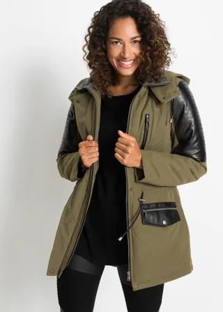 bonprix Parka, grün, Gr.46, Lässiger Parka mit Kapuze und Lederimitat-Details, 58% Polyester