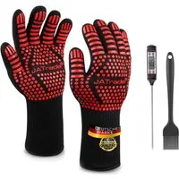 JATrade Grillhandschuhe hitzebeständig mit Grillthermometer & Marinierpinsel Grill Dutch Oven, (1 Paar Grillhandschuhe, 1 Grillthermometer, 1 Marinierpinsel), Ideal auch für Backofen, Kamin, Smoker und als Geschenk!