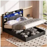 zebery Polsterbett 140x200 Doppelbett LED Hydraulisch anhebbarer Stauraumbett, Modernes Jugendbett 140x200cm mit USB&Type-C,Grau