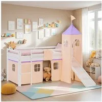 Homestyle4u Hochbett Kinderbett 90x200 Spielbett Holz Kiefer Mädchen Weiß Lila Vorhang (Komplett-Set mit Lattenrost, mit Rutsche, mit Turm, Matratze mit OEKO-TEX® Standard 100) mit Rausfallschutz, Mädchen Spielbett