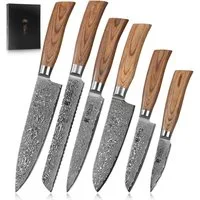 Wakoli Messer-Set Edib Pro 6 Damastmesser I Küchenmesser 8-20cm Klingen Pakkaholzgriffe (Damastmesser mit Geschenkbox, 6-tlg., 6er Damastmesser-Set mit Holzbox), Aus 67 Lagen Damaststahl, VG-10 Stahlkern