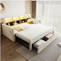 Merax Daybett 90/180×190cm mit LED-Lichtleiste und Ladeanschlüssen (Polsterbett Schlafsofa Sofabett Jugendbett Doppelbett, 1 tlg), Tagesbett mit Ausziehbett, 2 Schubladen & Kopfteil-Staufächern, Samt