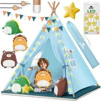 KIDIZ Spielzelt Tipi Zelt für Kinder aus Baumwolle 100x100x160cm Kinderzelt (LED-Lichterkette, Leuchtstern, Girlande, 3 Plüschtiere, Matte & Tasche) Spielhaus für drinnen & draußen Tipizelt